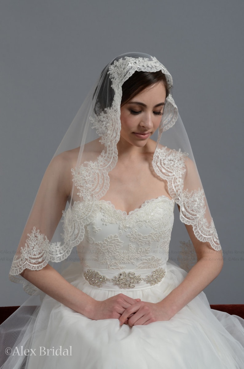 wedding veil, bridal veil, mantilla veil, elbow length veil, alencon lace veil, wedding veil ivory, fingertip length veil image 3