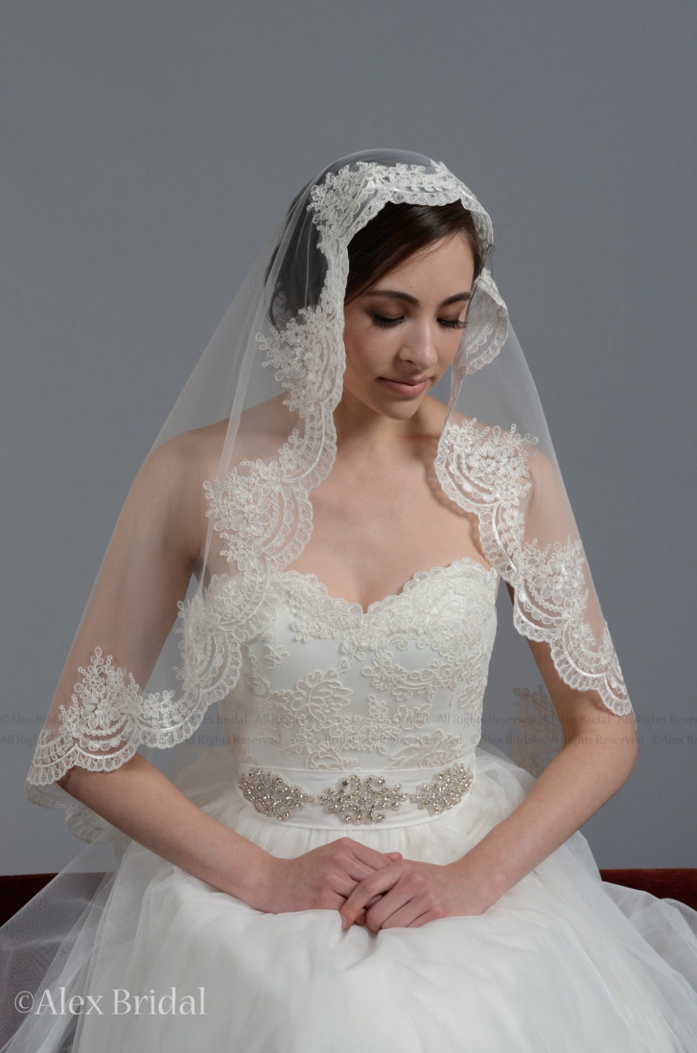 One Blushing Bride Fingertip Length Mantilla Wedding Veil with Beaded Lace Trim Off White / Diamond / Fingertip 38-40 inch / No Beading