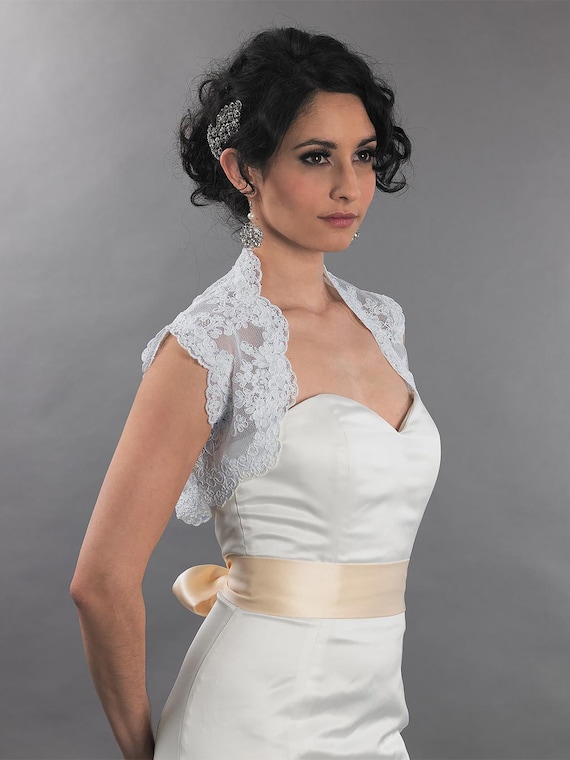 White Alencon Lace Wedding Bolero: Sleeveless Bridal Jacket