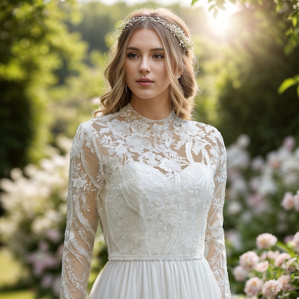 High Neck Wedding Dress - Etsy UK
