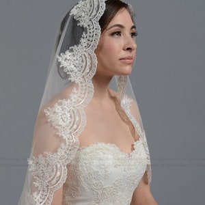 wedding veil, bridal veil, mantilla veil, elbow length veil, alencon lace veil, wedding veil ivory, fingertip length veil