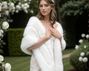Ivory Faux Fur Bridal Wrap with Pocket: Wedding Shawl Stole