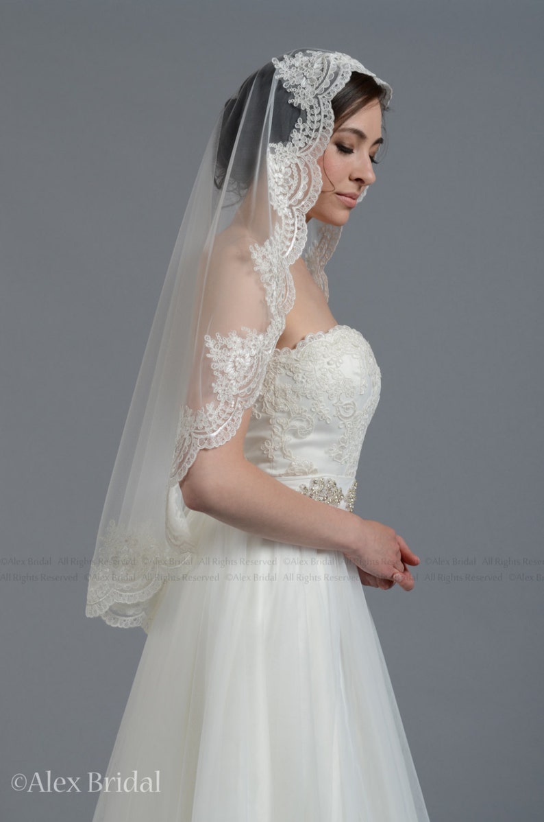 wedding veil, bridal veil, mantilla veil, elbow length veil, alencon lace veil, wedding veil ivory, fingertip length veil image 2