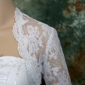 Lace bolero, wedding bolero, white 3/4 sleeve bridal alencon lace wedding bolero jacket image 3