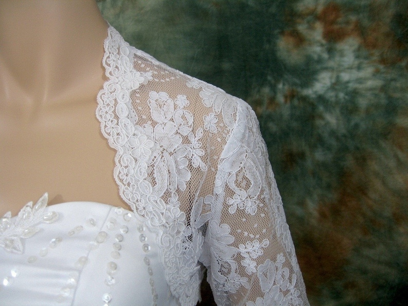 Lace bolero, wedding bolero, white 3/4 sleeve bridal alencon lace wedding bolero jacket image 3