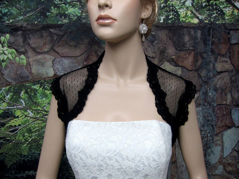 Wedding bolero, lace bolero, bridal jacket, black sleeveless bridal dot lace wedding bolero jacket zdjęcie 1