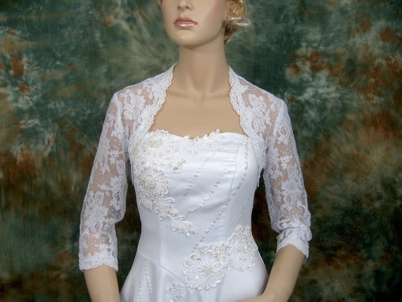 Lace bolero, wedding bolero, white 3/4 sleeve bridal alencon lace wedding bolero jacket image 1