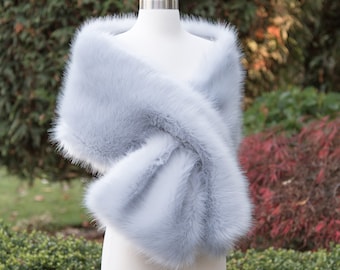 Dusty blue faux fur wrap faux fur stole faux fur shawl bridal wrap bridal cape faux fur shrug B005-dusty-blue