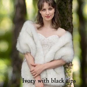 Ivory faux fur bridal wrap faux fur shawl faux fur stole wedding shrug bridal shrug faux fur cape faux fur wrap bridal B005 Ivory w/ black tips