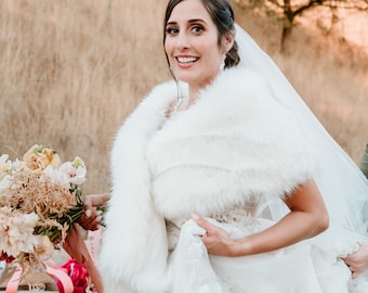 Light Ivory Faux Fur Bridal Wrap: Black Tipped Stole Shrug