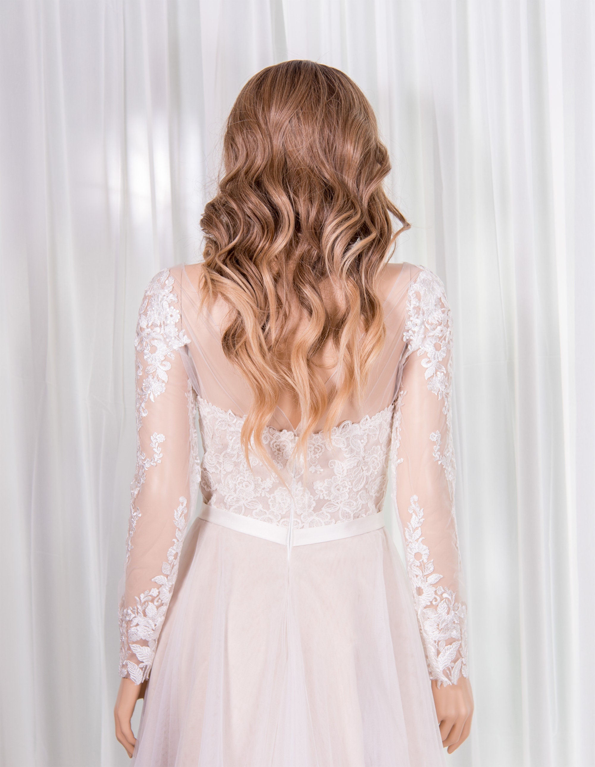 ivory wedding dress topper Ivory Tulle Bridal Topper: Long Sleeve Pearl Wedding Top