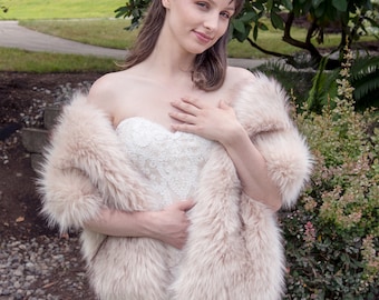 Light blush faux fur bridal wrap, wedding faux fur shawl, faux fur stole, bridal cape, faux fur shrug B005-light-blush-new