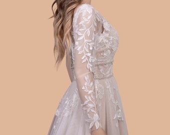 Marfil claro mangas desmontables manga larga para tu vestido de novia apliques de encaje de algodón hojas