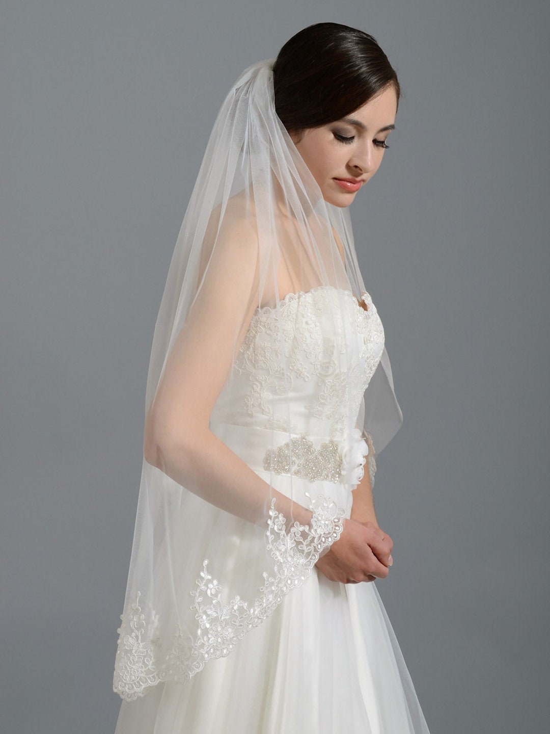 One Blushing Bride Elbow Length Wedding Veil with Beaded Lace Trim, Short Bridal Veil White / Elbow 22-25 inch / No Beading