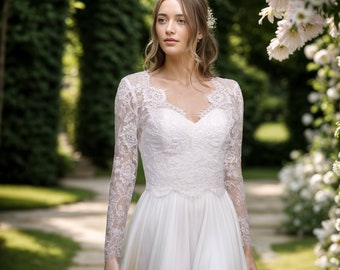 Topper de vestido de novia de marfil claro, chaqueta bolero de encaje, bolero nupcial, chaqueta de boda, bolero de boda, chaqueta nupcial, encaje alencón con cuello en V