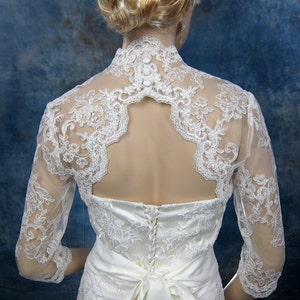 Wedding bolero, lace bolero, bridal bolero jacket, Ivory bolero, 3/4 sleeve lace bolero, keyhole back, alencon lace image 1