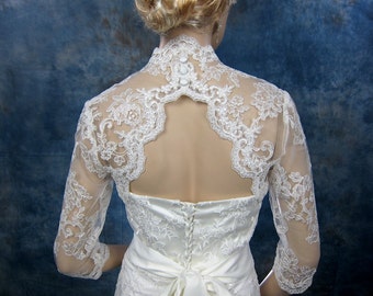 Hochzeit Bolero, Spitzen Bolero, Braut Bolero Jacke, Elfenbein Bolero, 3/4 Ärmel Spitzen Bolero, Schlüsselloch zurück, Alencon Spitze