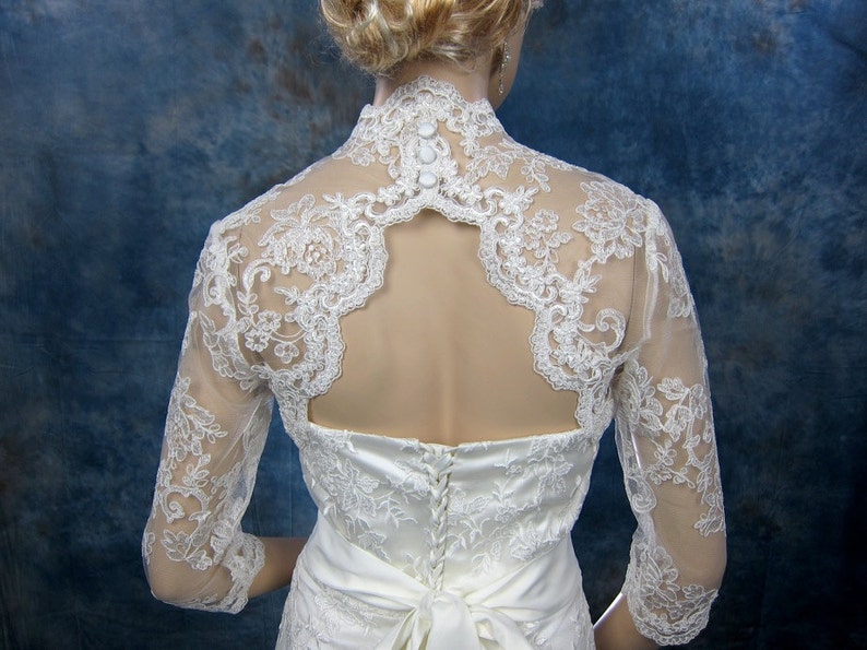 Wedding bolero, lace bolero, bridal bolero jacket, Ivory bolero, 3/4 sleeve lace bolero, keyhole back, alencon lace image 1