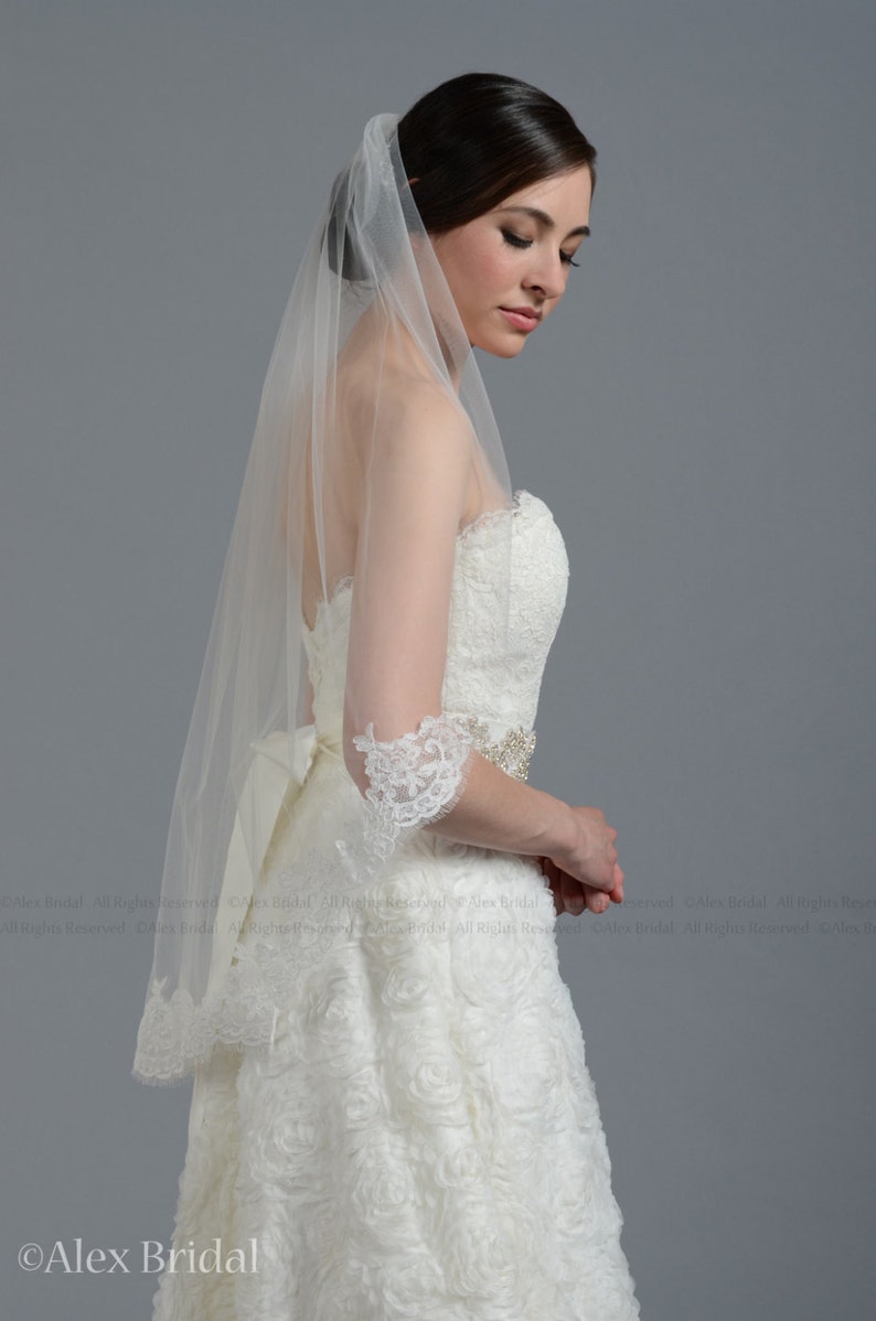 Wedding veil, bridal veil, wedding veil ivory, wedding veil lace trim, alencon lace veil image 1