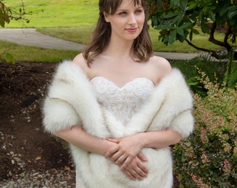 Ivory Faux Fur Shawl: Brown Tip Bridal Wedding Wrap