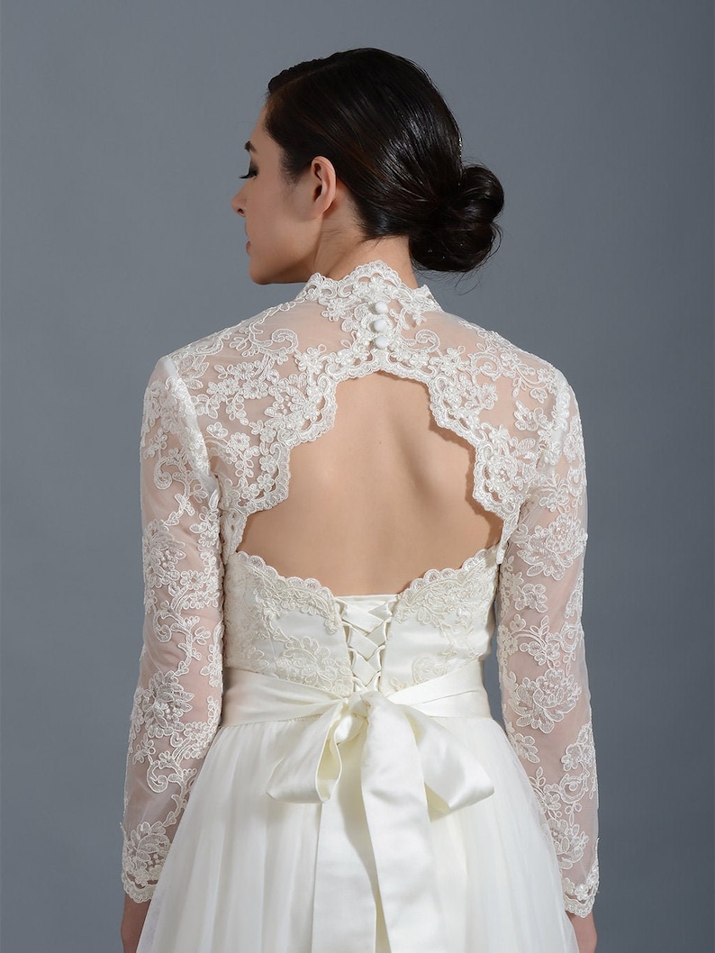 Wedding bolero lace bolero bridal bolero jacket Ivory bolero long sleeve lace bolero keyhole back alencon lace image 1