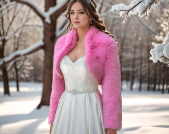 Barbie Pink Long Sleeve Faux Fur Bolero Faux Fur Jacket Faux