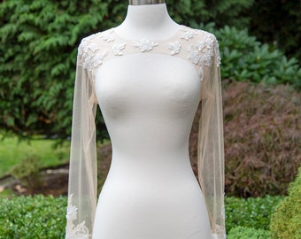 Topper per abito da sposa con buco della serratura sul retro con bordi grezzi e maniche lunghe, bolero da sposa, bolero in pizzo, giacca da sposa, bolero da sposa