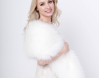 White faux fur wrap faux fur stole faux fur shawl bridal wrap faux fur shrug B005-White