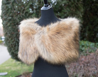 Brown faux fur bridal wrap, wedding faux fur shawl, faux fur bridal stole, faux fur cape B012-fox-2