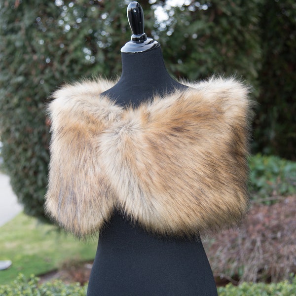 Brown faux fur bridal wrap, wedding faux fur shawl, faux fur bridal stole, faux fur cape B012-fox-2