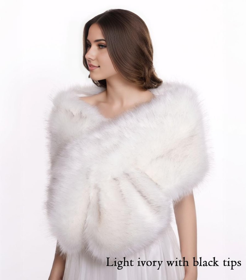 Ivory faux fur bridal wrap faux fur shawl faux fur stole wedding shrug bridal shrug faux fur cape faux fur wrap bridal B005 L-Ivory w/ blk tips
