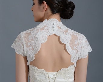 bolero de encaje, encogimiento de hombros de encaje, bolero de boda, bolero de marfil, chaqueta de boda, chaqueta bolero, bolero nupcial, chaqueta nupcial, espalda de ojo de cerradura