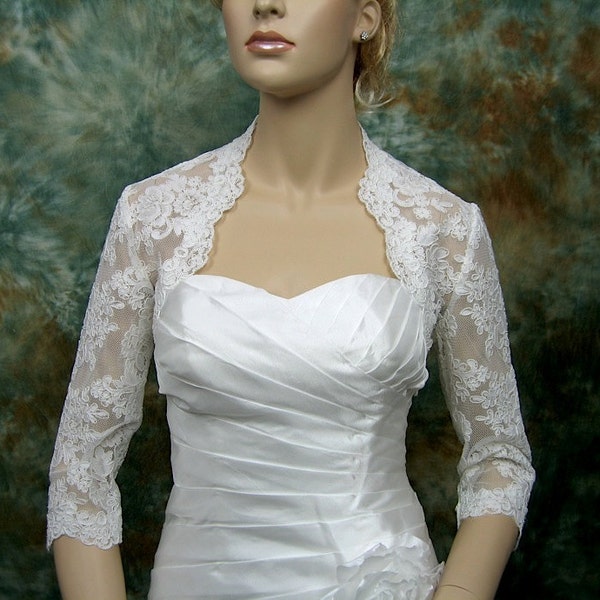 Lace bolero, wedding bolero, wedding topper, bridal jacket, Ivory 3/4 sleeve bolero, alencon lace bolero