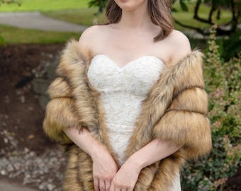 Brown faux fur wrap, faux fur stole, faux fur shawl, bridal wrap, wedding shrug, bridal shrug, faux fur cape, B001-fox-2