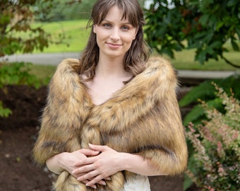 Brown faux fur wrap with brown tips faux fur stole faux fur shawl bridal wrap faux fur shrug B006-fox-2