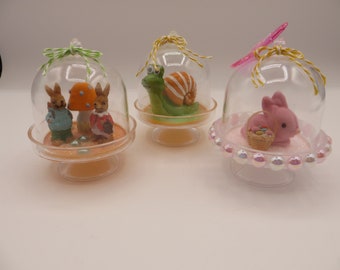 Set of 3 Mini Cloches, Pink, Orange, Green, Bunnies, Mushroom, Easter Basket, Snail, Butterfly, Glitter, Pearls, Free Shipping