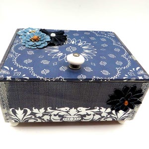 Wood Cigar Box, Denim Flowers, Blue, Silver, Memory/Keepsake, Decoupaged, Upcycled