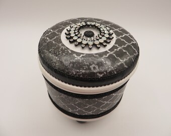 Black, White, Round, Decor Box, Wood, Jeweled Lid, Vintage, Upcycled, Free Shipping