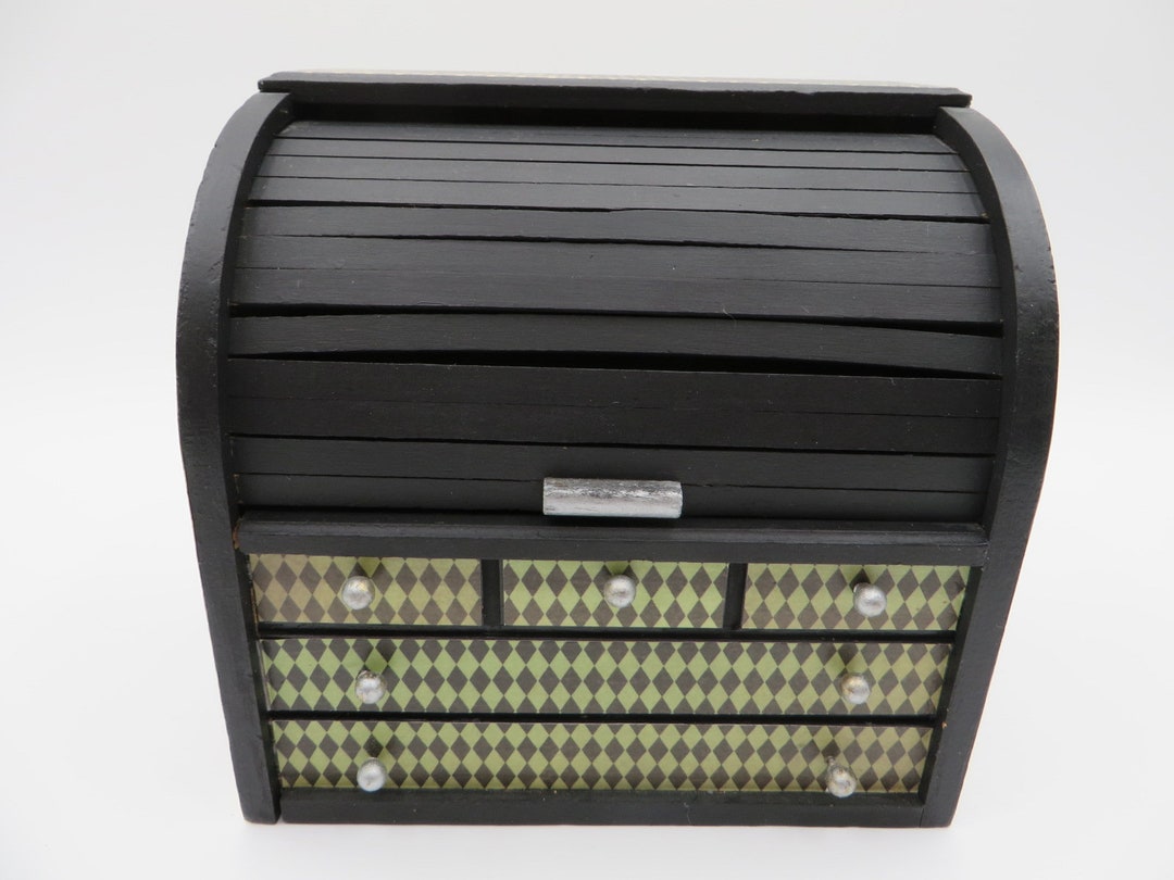 Roll Top Recipe Box, Vintage Box, Upcycled, Black, Green, Cupcakes