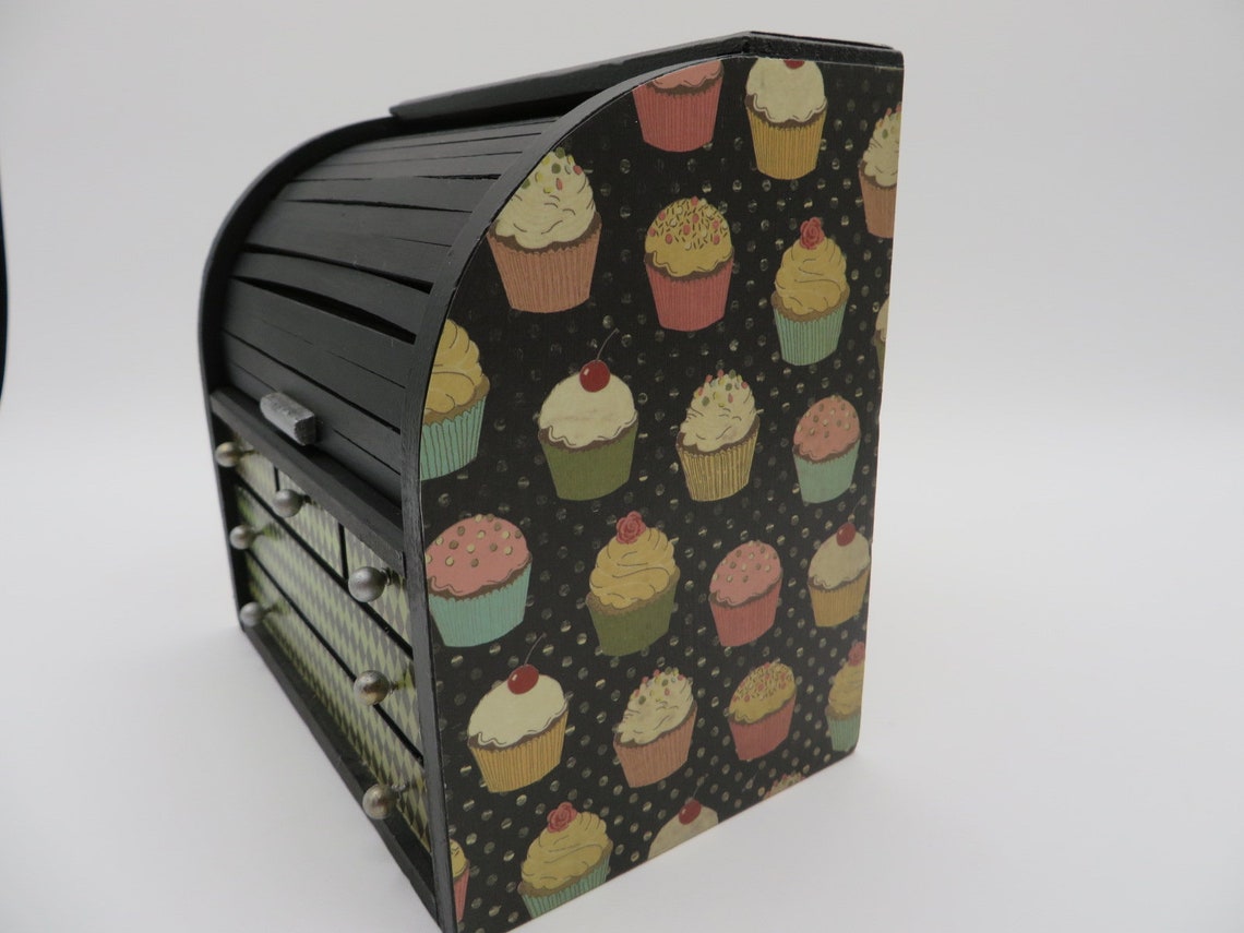 Roll Top Recipe Box, Vintage Box, Upcycled, Black, Green, Cupcakes