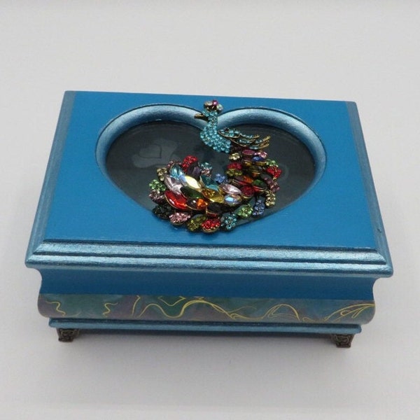 Vintage Wood Keepsake, Gift Box, Heart Lid, Jeweled Peacock, Blue, Gold, Upcycled, Free Shipping