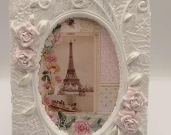 Paris, Eiffel Tower Picture in a Vintage, Upcycled, Floral Resin Frame, White Lace, Pink Iridescent Roses, Spring Decor, Free Shipping