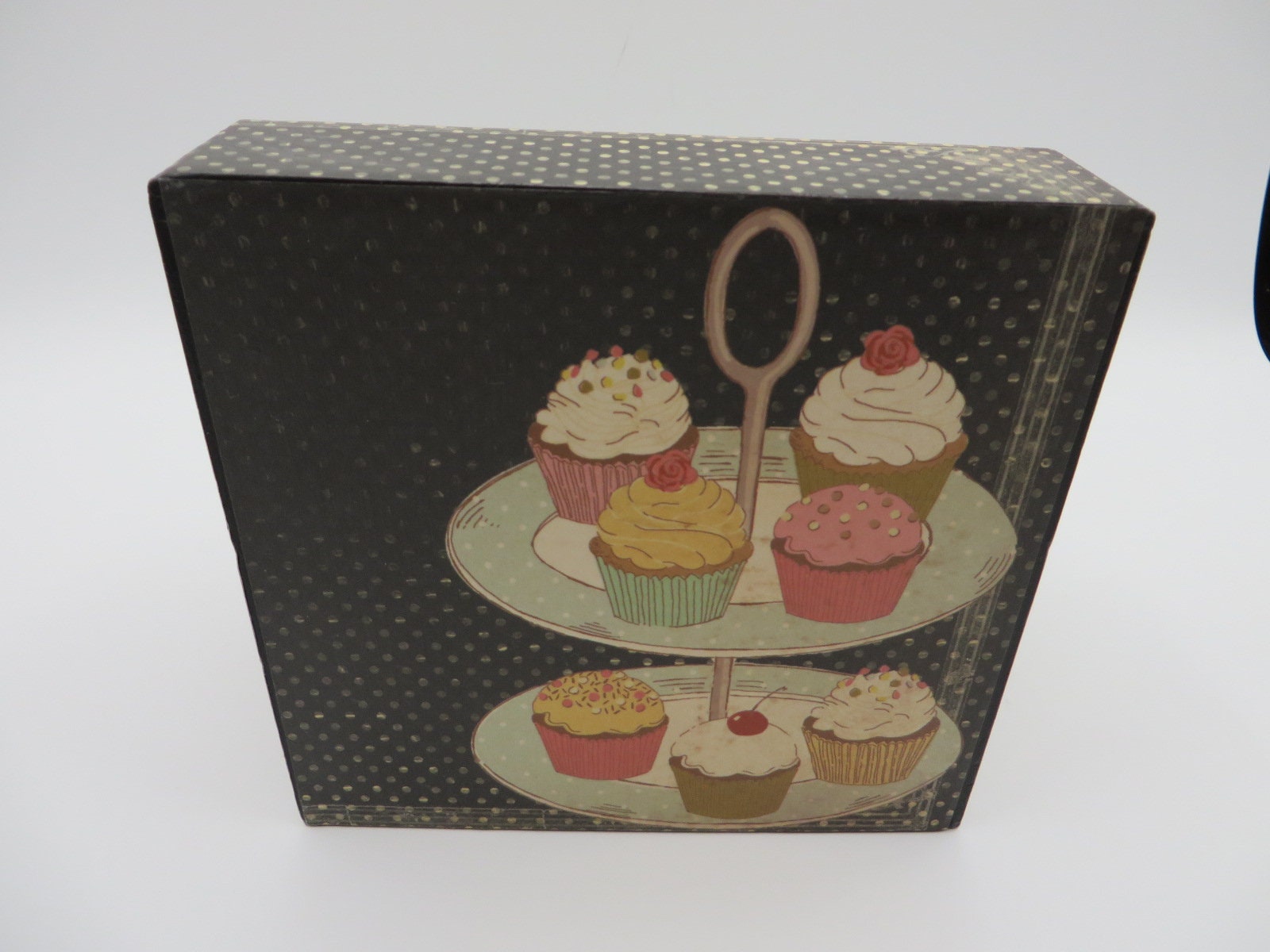 Roll Top Recipe Box, Vintage Box, Upcycled, Black, Green, Cupcakes