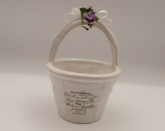 Ceramic White Basket, Purple Flowers, White Ribbon, Script and Floral Transfers, Upcycled, Spring, Easter, Free Shipping