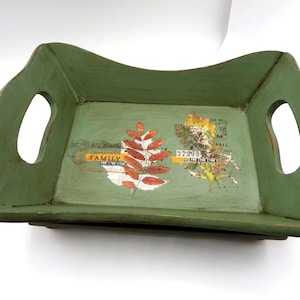 Family Wood Tray, Green, Yellow, Vintage, Upcycled