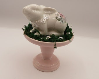 Ceramic White Rabbit on Ceramic Pink Stand, Moss, Flatback Pearls, Easter Decor, Spring Decor, Free Shipping