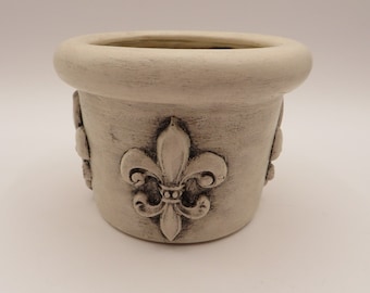 Ceramic Crock, Hand Painted White, Black Wax Finish, Clay Fleur De Lis Accents, French Country Decor, Upcycled, Free Shipping