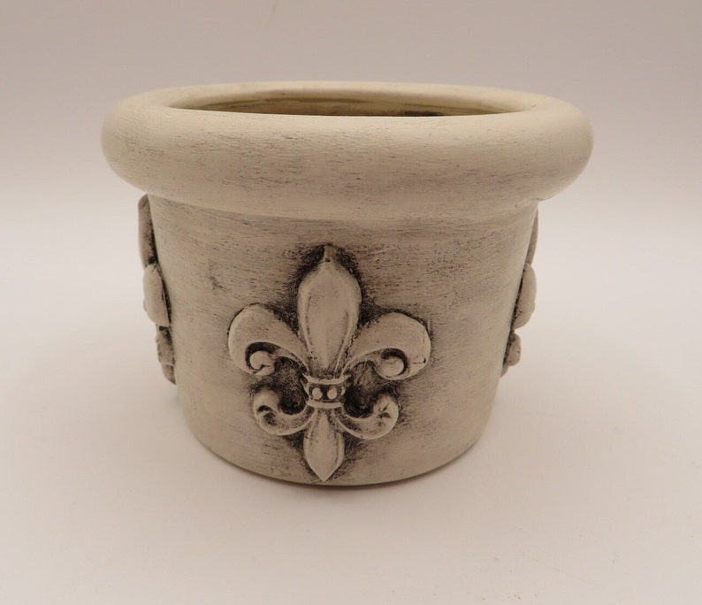 Ceramic Crock, Hand Painted White, Black Wax Finish, Clay Fleur De Lis Accents, French Country Decor, Upcycled, Free Shipping image 1