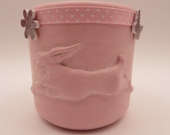 Vintage Ceramic Crock, Pink, Rabbits, Bunnies, Ribbon, Buttons, Upcycled, Free Shipping