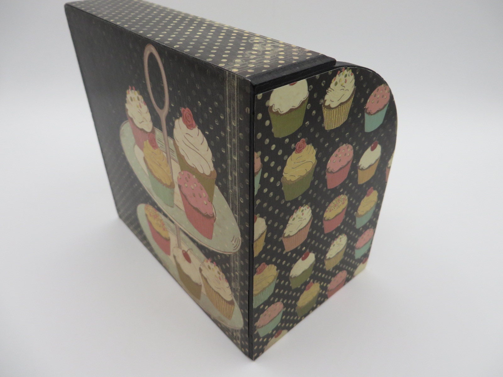 Roll Top Recipe Box, Vintage Box, Upcycled, Black, Green, Cupcakes